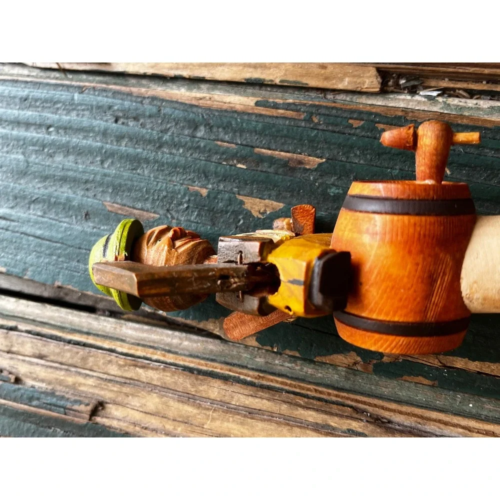 Vintage Hand Carved Wooden Mechanical Bottle Stopper Man on Barrel Lifts Hat